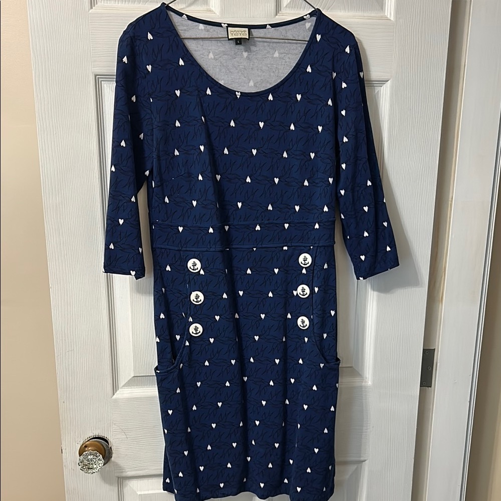 Navy Blue bird/white hearts Dress with anchor button detailing